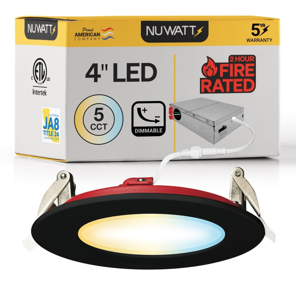 4" Inch Black 2 Hour Fire Rated Recessed Light Slim Canless LED Wafer Lights - Wet Rated - 5CCT 2700K-5000K - 900LM