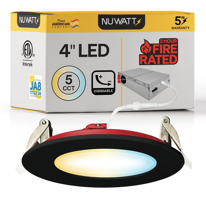 4" Inch Black 2 Hour Fire Rated Recessed Light Slim Canless LED Wafer Lights - Wet Rated - 5CCT 2700K-5000K - 900LM