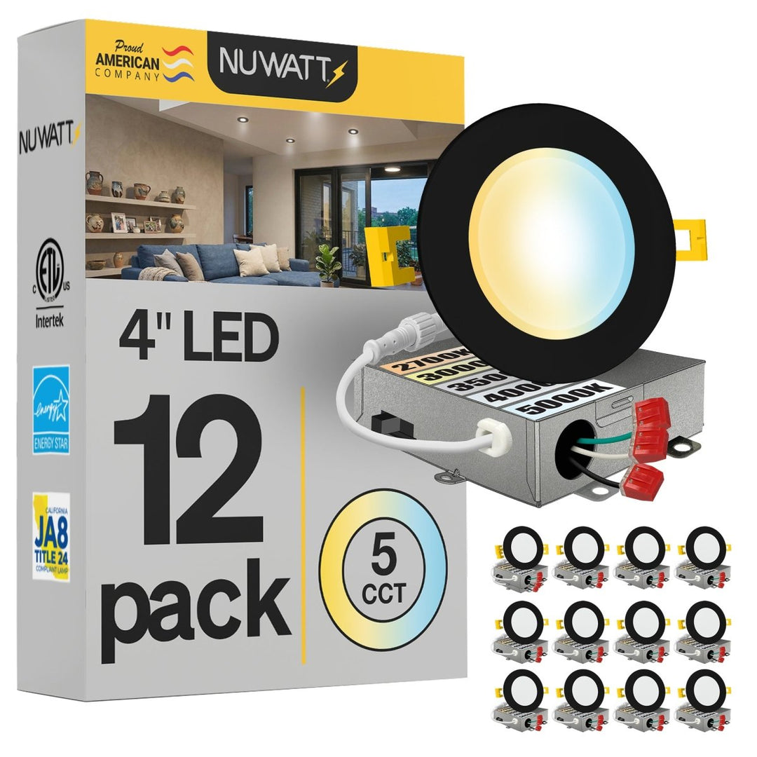 4" Inch Black Canless Recessed Lighting LED Wafer Lights - Wet Rated - 5CCT 2700K-5000K - 630LM