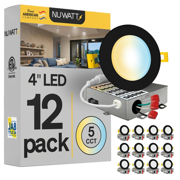 4" Inch Black Canless Recessed Lighting LED Wafer Lights - Wet Rated - 5CCT 2700K-5000K - 630LM