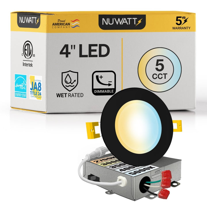 4" Inch Black Canless Recessed Lighting LED Wafer Lights - Wet Rated - 5CCT 2700K-5000K - 630LM