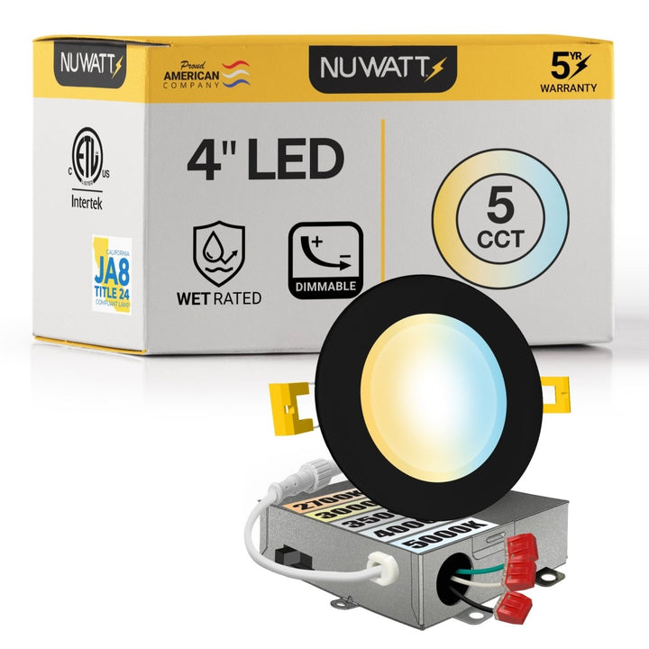 4" Inch Black Canless Recessed Lighting LED Wafer Lights - Wet Rated - 5CCT 2700K-5000K - 630LM