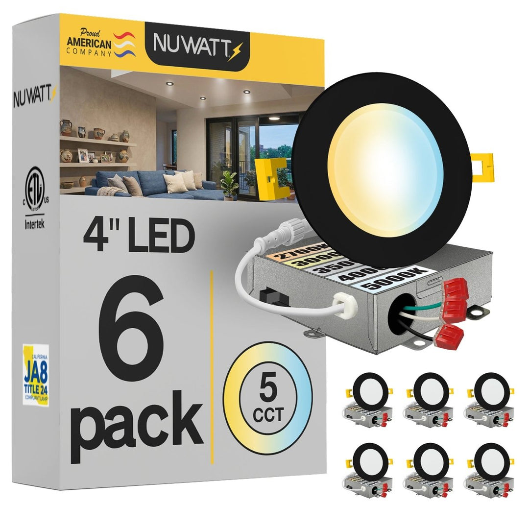 4" Inch Black Canless Recessed Lighting LED Wafer Lights - Wet Rated - 5CCT 2700K-5000K - 630LM