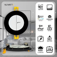 4" Inch Black Canless Recessed Lighting LED Wafer Lights - Wet Rated - 5CCT 2700K-5000K - 630LM