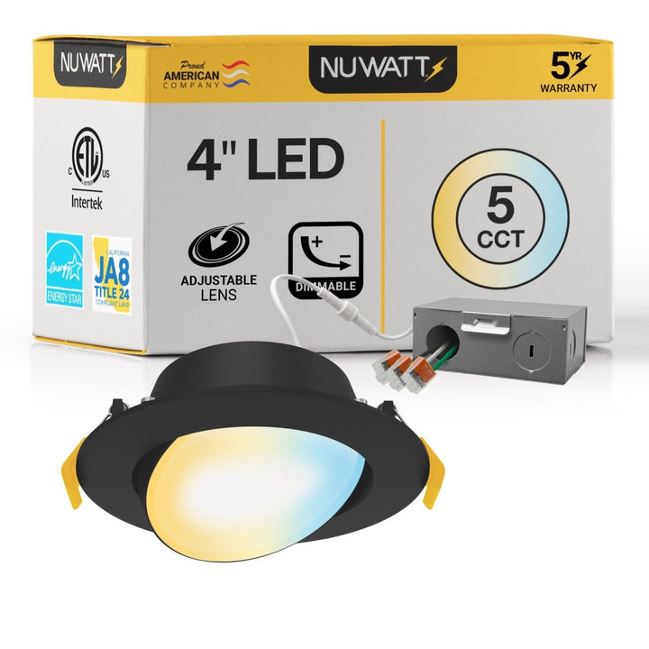 4" Inch Black Gimbal Recessed Light for Sloped Ceiling Canless LED Lighting - Damp Rated - 5CCT 2700K-5000K - 630LM