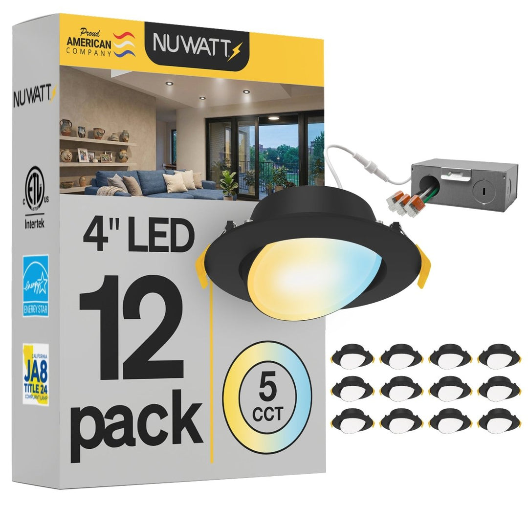 4" Inch Black Gimbal Recessed Light for Sloped Ceiling Canless LED Lighting - Damp Rated - 5CCT 2700K-5000K - 630LM