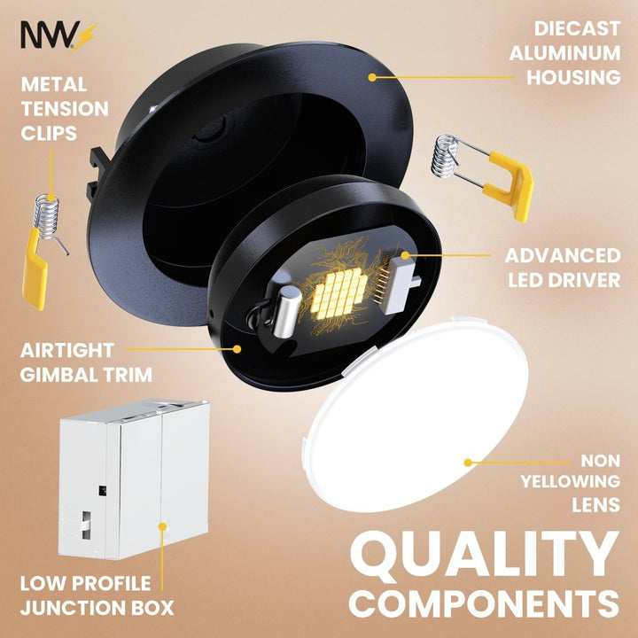 4" Inch Black Gimbal Recessed Light for Sloped Ceiling Canless LED Lighting - Damp Rated - 5CCT 2700K-5000K - 630LM