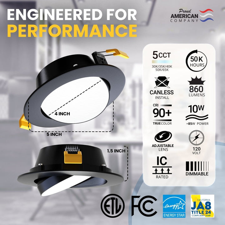 4" Inch Black Gimbal Recessed Light for Sloped Ceiling Canless LED Lighting - Damp Rated - 5CCT 2700K-5000K - 630LM