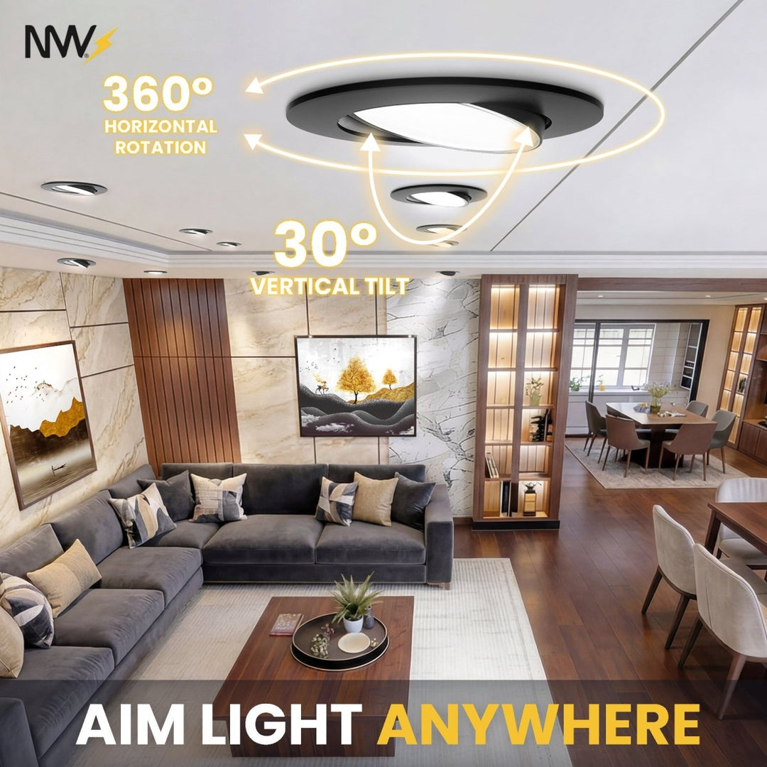 4" Inch Black Gimbal Recessed Light for Sloped Ceiling Canless LED Lighting - Damp Rated - 5CCT 2700K-5000K - 630LM
