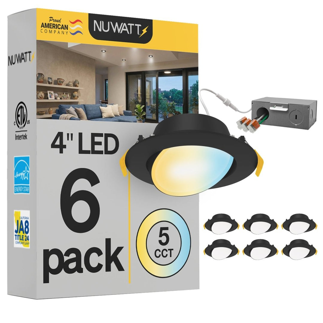 4" Inch Black Gimbal Recessed Light for Sloped Ceiling Canless LED Lighting - Damp Rated - 5CCT 2700K-5000K - 630LM