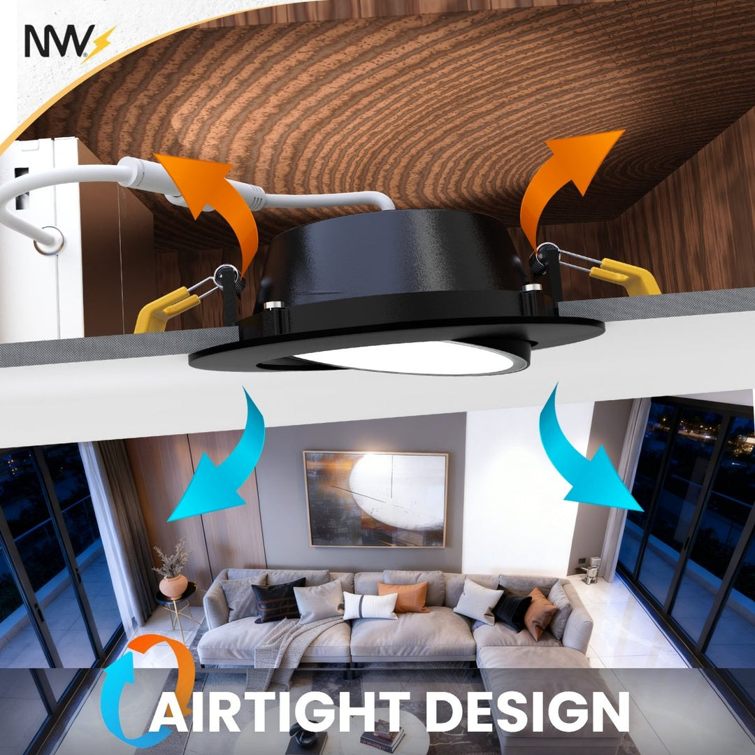 4" Inch Black Gimbal Recessed Light for Sloped Ceiling Canless LED Lighting - Damp Rated - 5CCT 2700K-5000K - 630LM