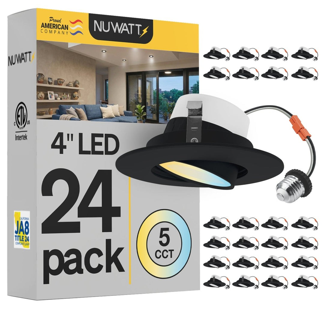 4 Inch Black LED Gimbal Recessed Lighting for Sloped Ceilings - 5CCT 2700-5000K - 750LM - CRI 90 Adjustable Can Light - 10W - Wet Rated - Aluminum Housing