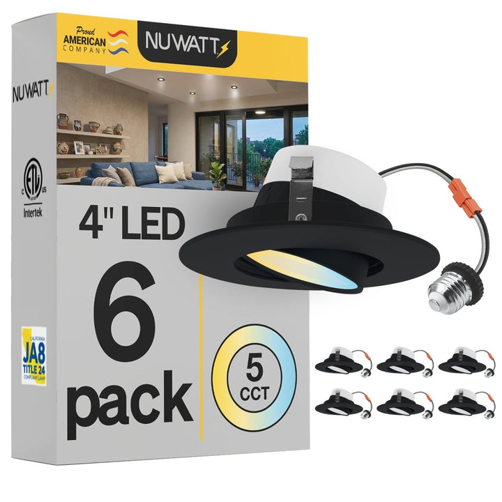 4 Inch Black LED Gimbal Recessed Lighting for Sloped Ceilings - 5CCT 2700-5000K - 750LM - CRI 90 Adjustable Can Light - 10W - Wet Rated - Aluminum Housing