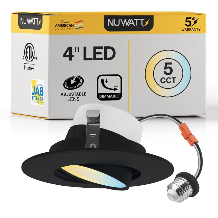 4 Inch Black LED Gimbal Recessed Lighting for Sloped Ceilings - 5CCT 2700-5000K - 750LM - CRI 90 Adjustable Can Light - 10W - Wet Rated - Aluminum Housing