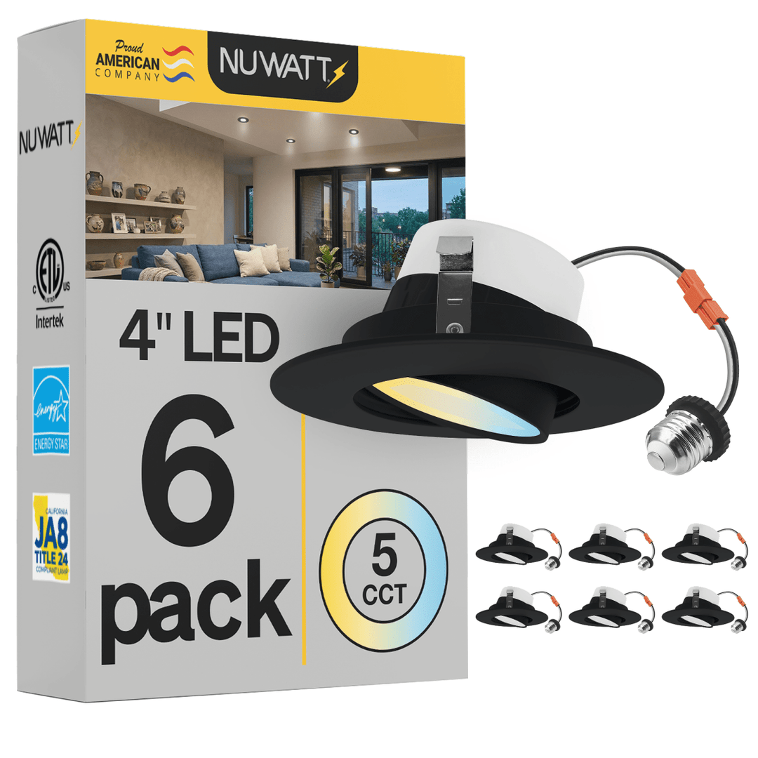 4 Inch Black LED Gimbal Recessed Lighting for Sloped Ceilings - 5CCT 2700-5000K - 750LM - CRI 90 Adjustable Can Light - 10W - Wet Rated - Aluminum Housing