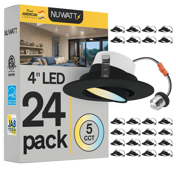 4 Inch Black LED Gimbal Recessed Lighting for Sloped Ceilings - 5CCT 2700-5000K - 750LM - CRI 90 Adjustable Can Light - 10W - Wet Rated - Aluminum Housing