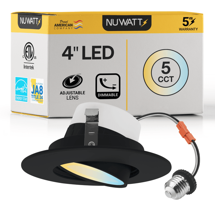 4 Inch Black LED Gimbal Recessed Lighting for Sloped Ceilings - 5CCT 2700-5000K - 750LM - CRI 90 Adjustable Can Light - 10W - Wet Rated - Aluminum Housing