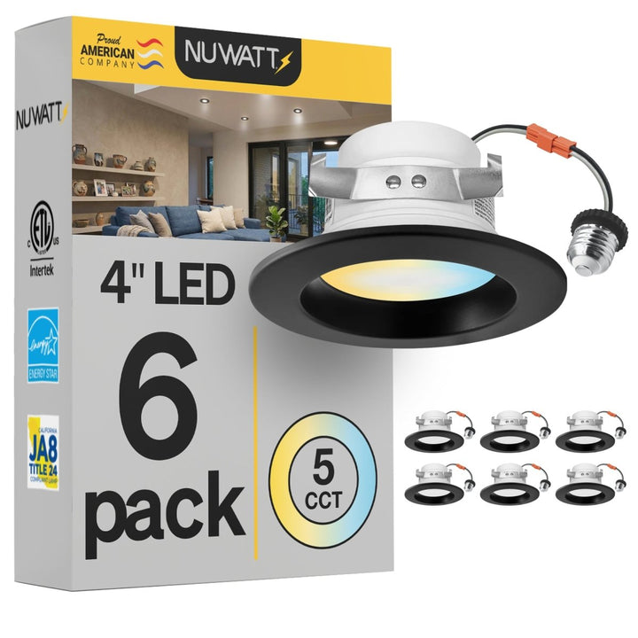 4" Inch Black Retrofit LED Recessed Can Lights - Wet Rated - 5CCT 2700K-5000K - 680LM