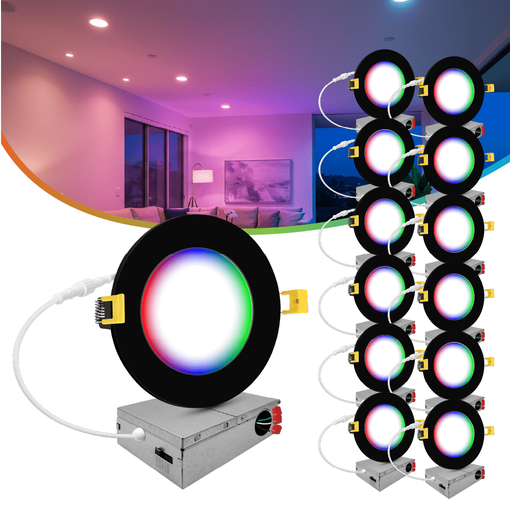 4" Inch Black Smart Downlights RGB Color Changing Recessed Lights Canless LED - Wet Rated - 600LM