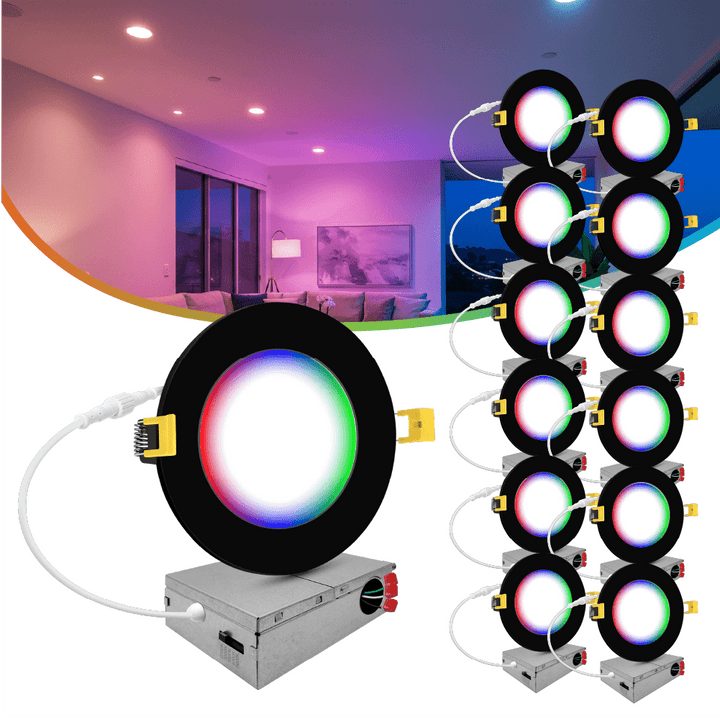 4" Inch Black Smart Downlights RGB Color Changing Recessed Lights Canless LED - Wet Rated - 600LM