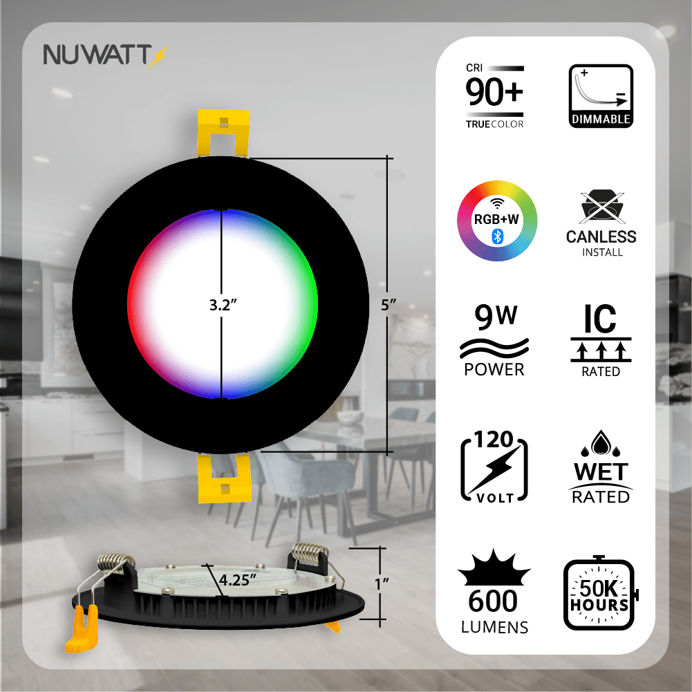 4" Inch Black Smart Downlights RGB Color Changing Recessed Lights Canless LED - Wet Rated - 600LM