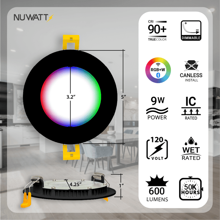 4" Inch Black Smart Downlights RGB Color Changing Recessed Lights Canless LED - Wet Rated - 600LM