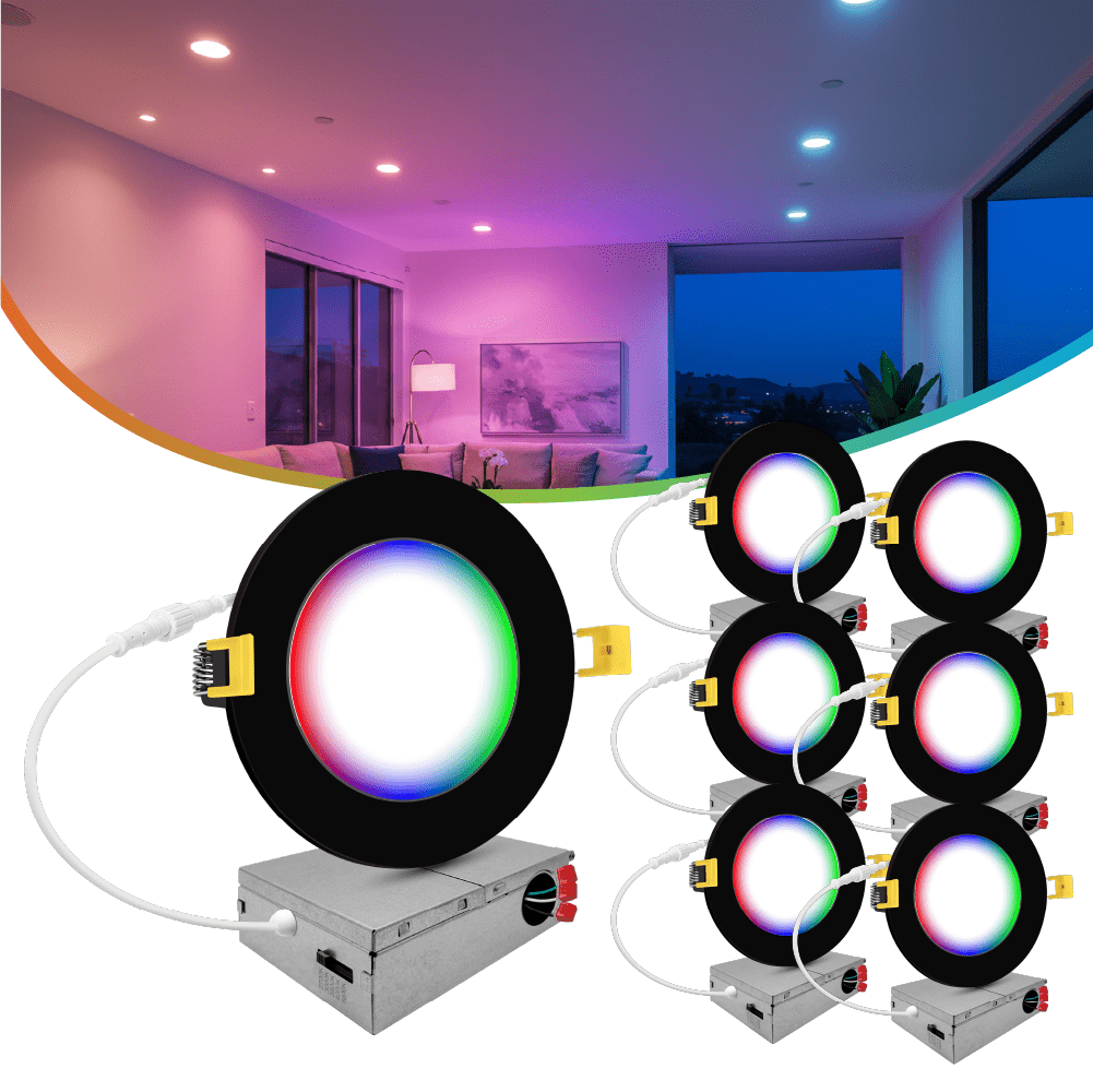 4" Inch Black Smart Downlights RGB Color Changing Recessed Lights Canless LED - Wet Rated - 600LM