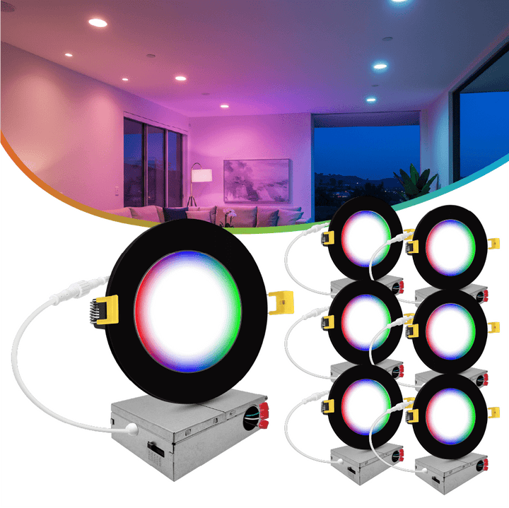 4" Inch Black Smart Downlights RGB Color Changing Recessed Lights Canless LED - Wet Rated - 600LM
