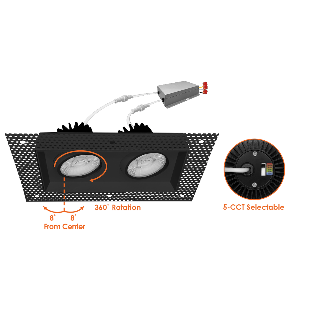 4 Inch Black Square Gimbal Double Head Trimless LED Recessed Lighting - 30W - 2,000 Lumens - 120V - Wet Rated