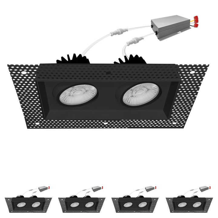 4 Inch Black Square Gimbal Double Head Trimless LED Recessed Lighting - 30W - 2,000 Lumens - 120V - Wet Rated