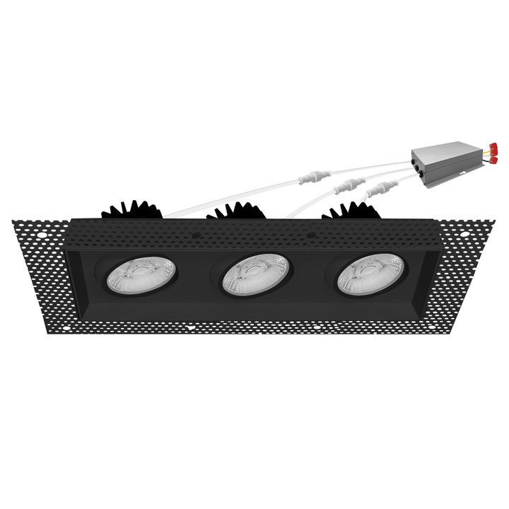 4 Inch Black Square Gimbal Triple Head Trimless LED Recessed Lighting - 45W - 3,000 Lumens - 120V - Wet Rated