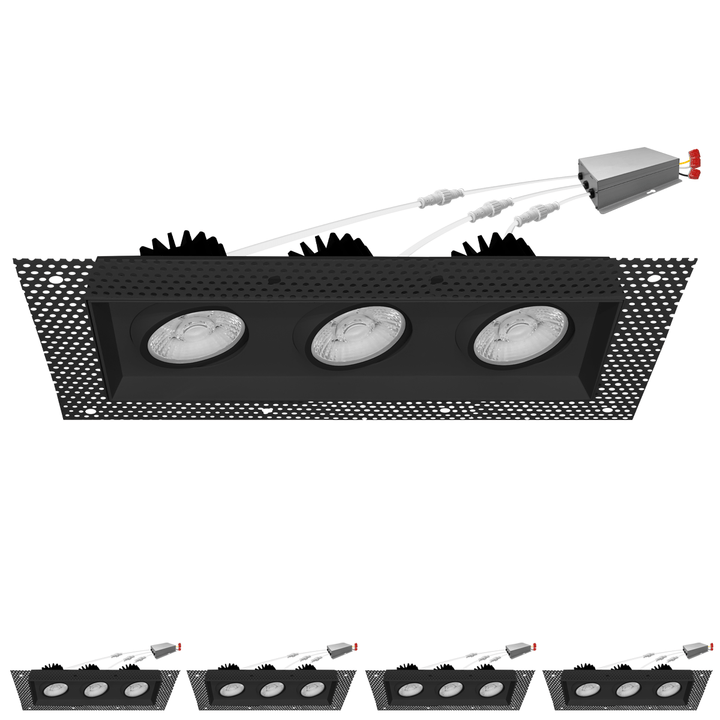 4 Inch Black Square Gimbal Triple Head Trimless LED Recessed Lighting - 45W - 3,000 Lumens - 120V - Wet Rated