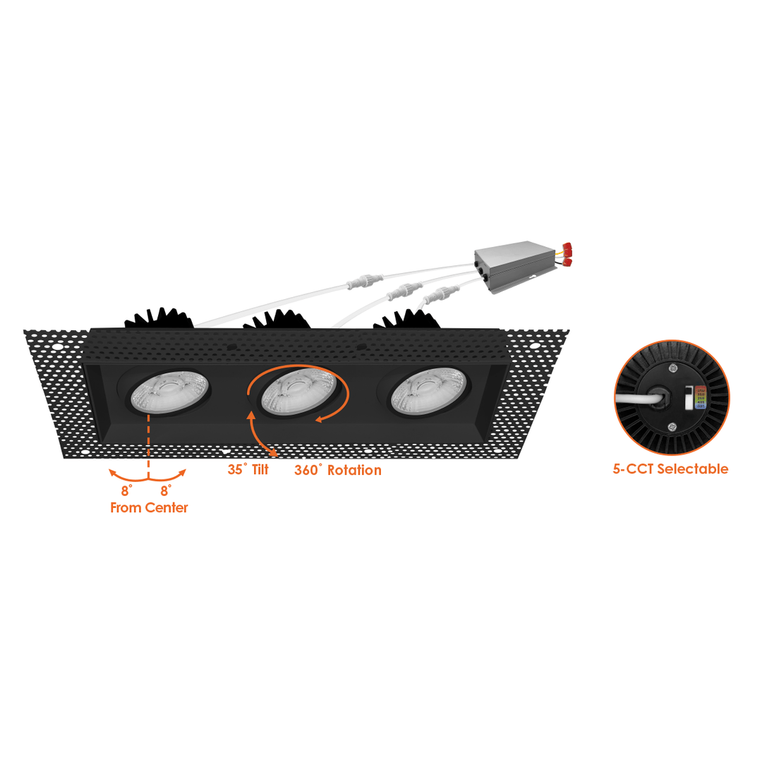 4 Inch Black Square Gimbal Triple Head Trimless LED Recessed Lighting - 45W - 3,000 Lumens - 120V - Wet Rated