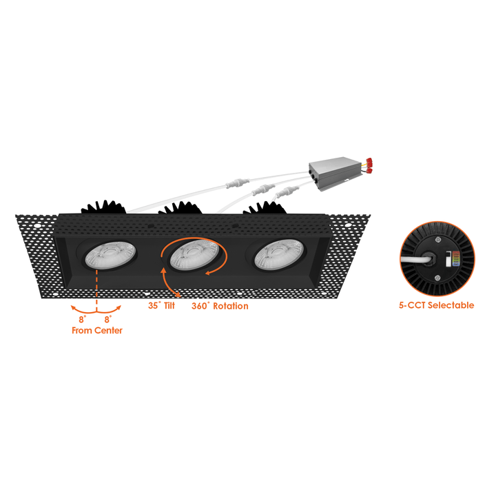 4 Inch Black Square Gimbal Triple Head Trimless LED Recessed Lighting - 45W - 3,000 Lumens - 120V - Wet Rated