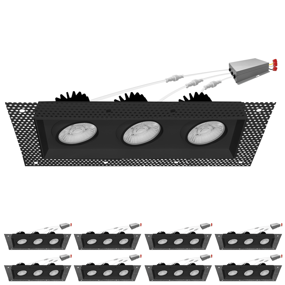 4 Inch Black Square Gimbal Triple Head Trimless LED Recessed Lighting - 45W - 3,000 Lumens - 120V - Wet Rated