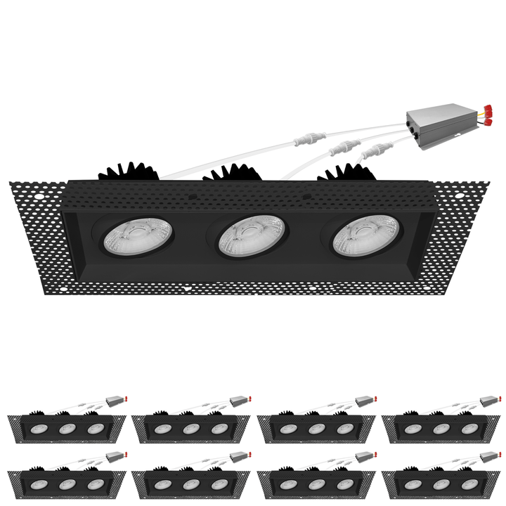 4 Inch Black Square Gimbal Triple Head Trimless LED Recessed Lighting - 45W - 3,000 Lumens - 120V - Wet Rated