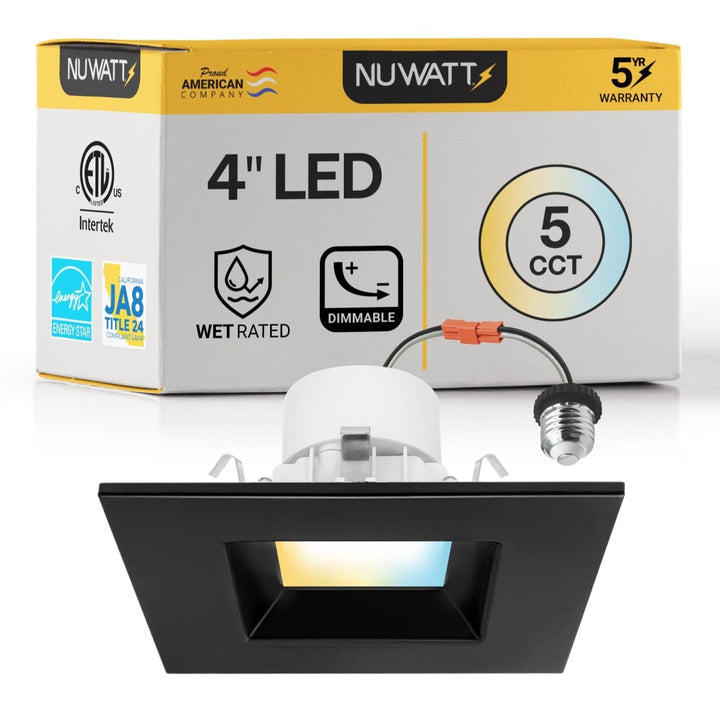 4" Inch Black Square Recessed Lighting Retrofit Can Lights - Wet Rated - 5CCT 2700K-5000K - 750LM