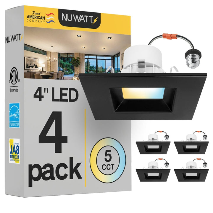 4" Inch Black Square Recessed Lighting Retrofit Can Lights - Wet Rated - 5CCT 2700K-5000K - 750LM