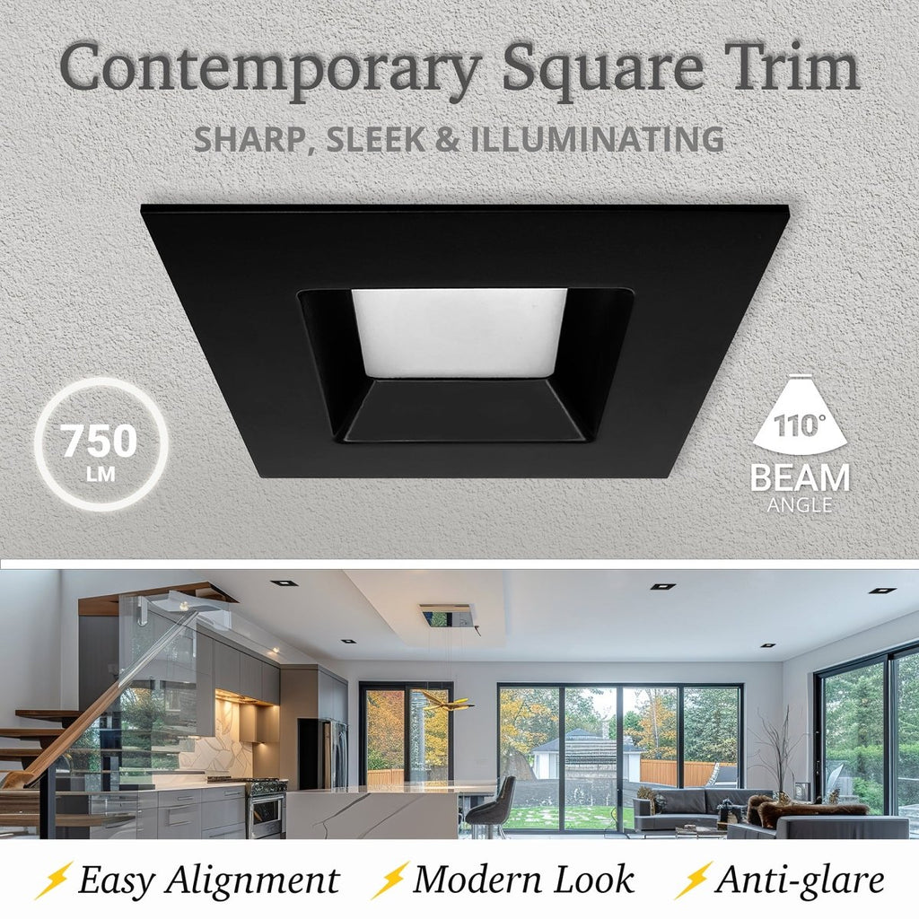 4" Inch Black Square Recessed Lighting Retrofit Can Lights - Wet Rated - 5CCT 2700K-5000K - 750LM