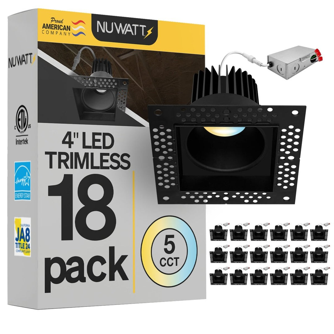 4 Inch Black Square Trimless Recessed Lighting - 15W - 1,000 Lumens - 120V
