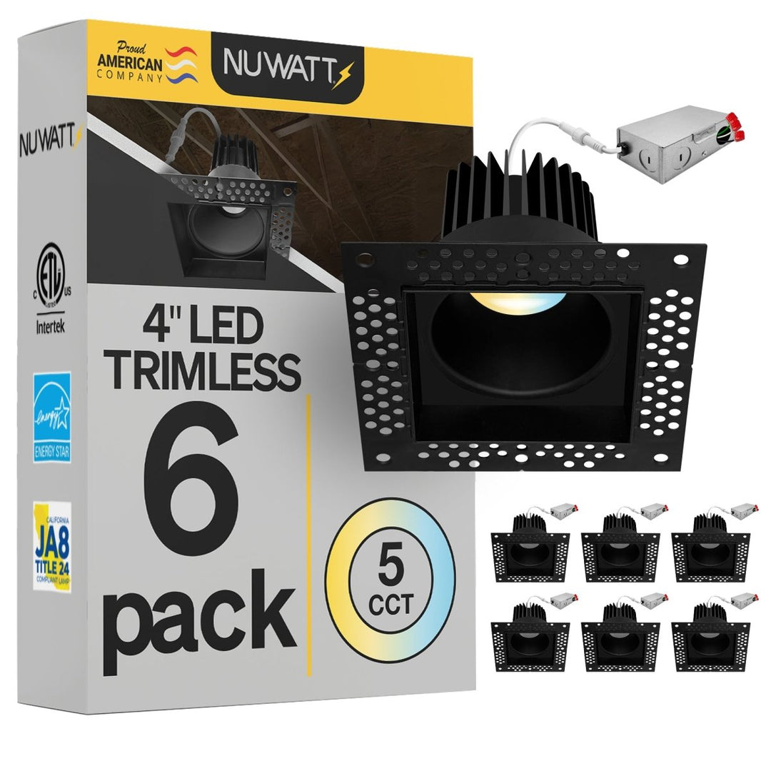 4 Inch Black Square Trimless Recessed Lighting - 15W - 1,000 Lumens - 120V
