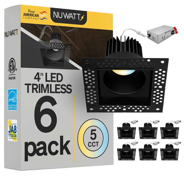 4 Inch Black Square Trimless Recessed Lighting - 15W - 1,000 Lumens - 120V