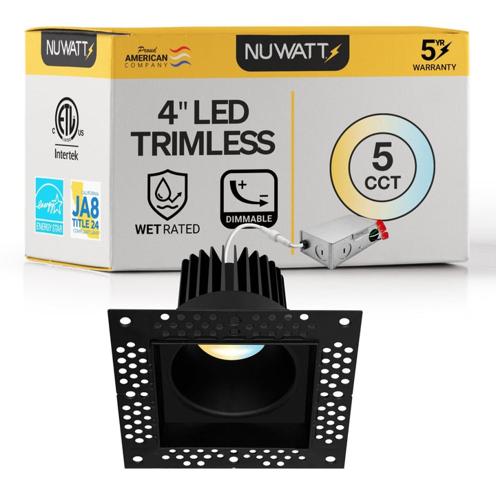 4 Inch Black Square Trimless Recessed Lighting - 15W - 1,000 Lumens - 120V