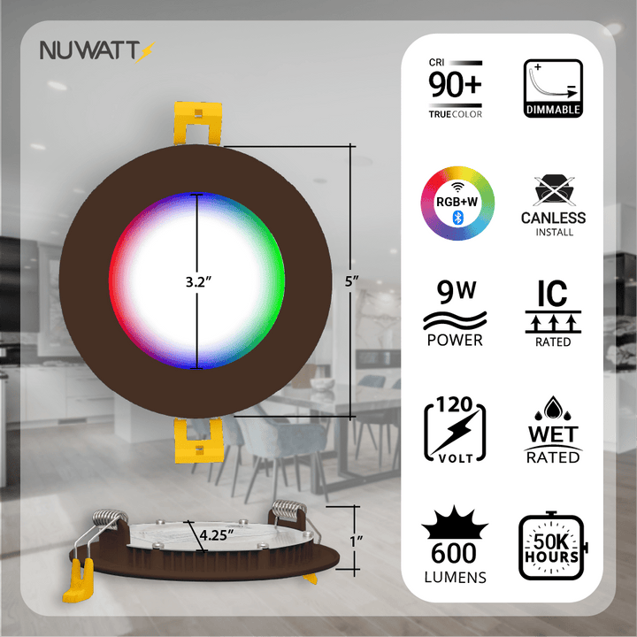 4" Inch Bronze Smart Downlights RGB Color Changing Recessed Lights Canless LED - Wet Rated - 600LM