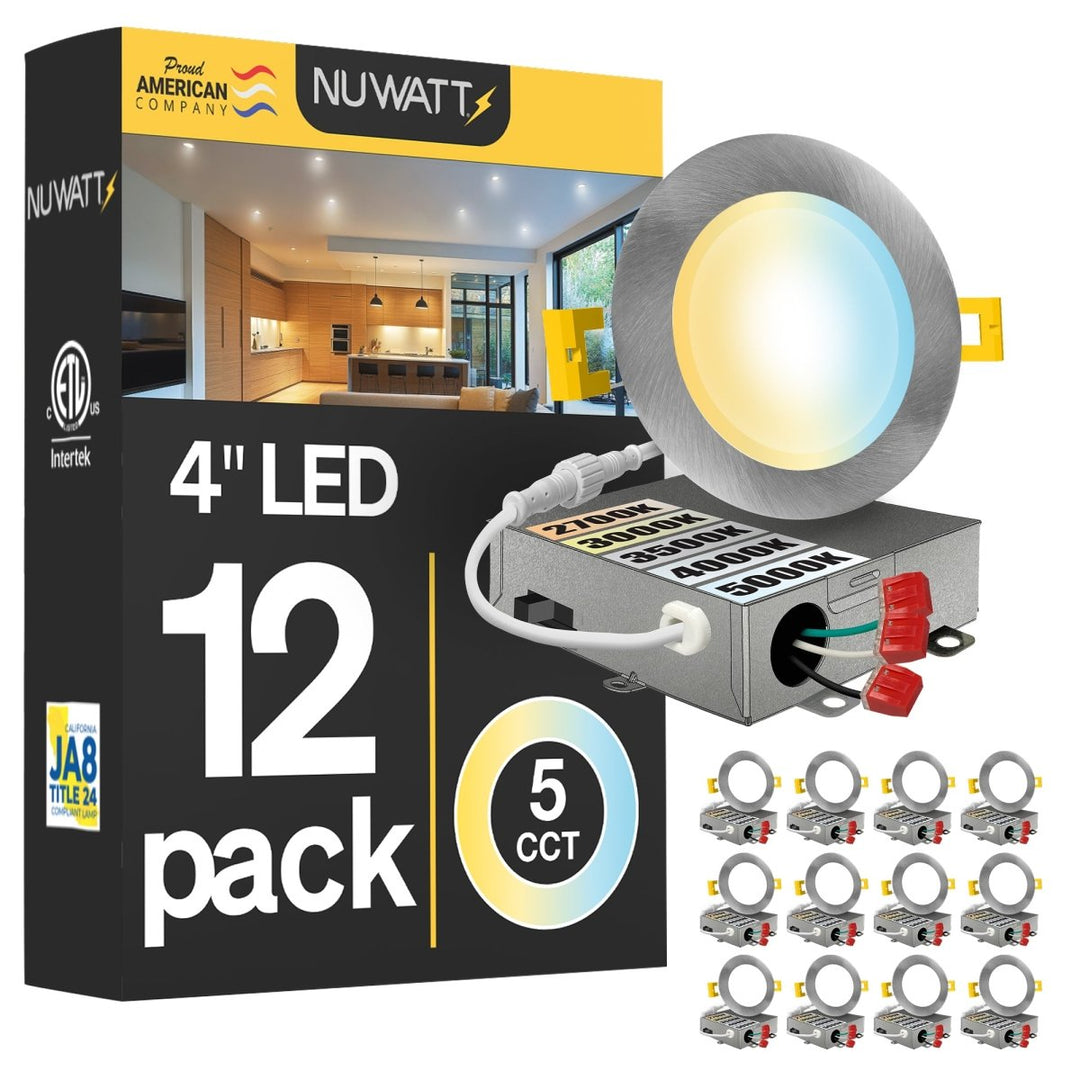 4" Inch Brushed Nickel Canless Recessed Lighting Slim LED Wafer Lights - Wet Rated - 5CCT 2700K-5000K - 630LM