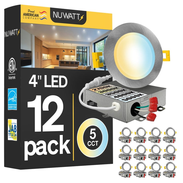 4" Inch Brushed Nickel Canless Recessed Lighting Slim LED Wafer Lights - Wet Rated - 5CCT 2700K-5000K - 630LM
