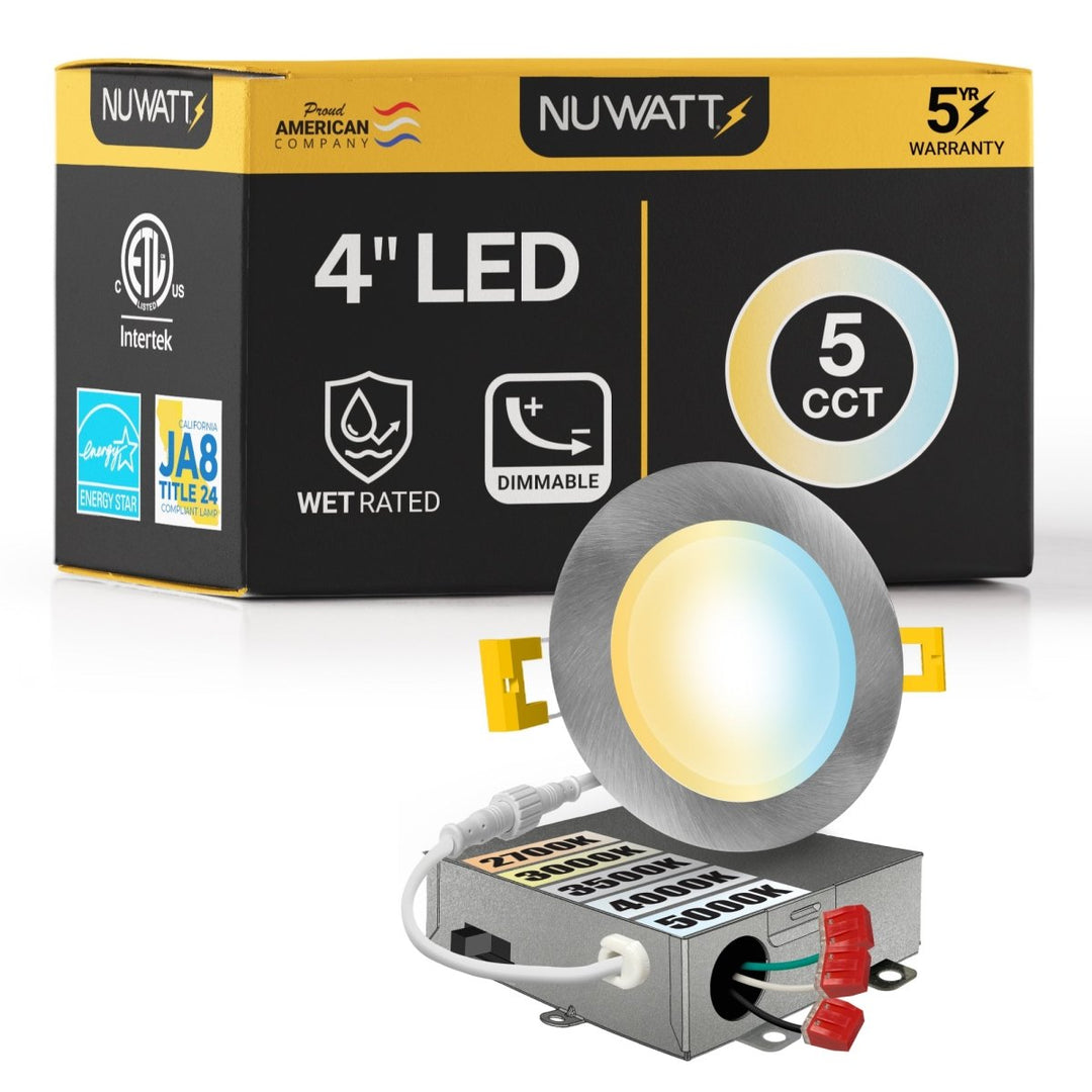 4" Inch Brushed Nickel Canless Recessed Lighting Slim LED Wafer Lights - Wet Rated - 5CCT 2700K-5000K - 630LM