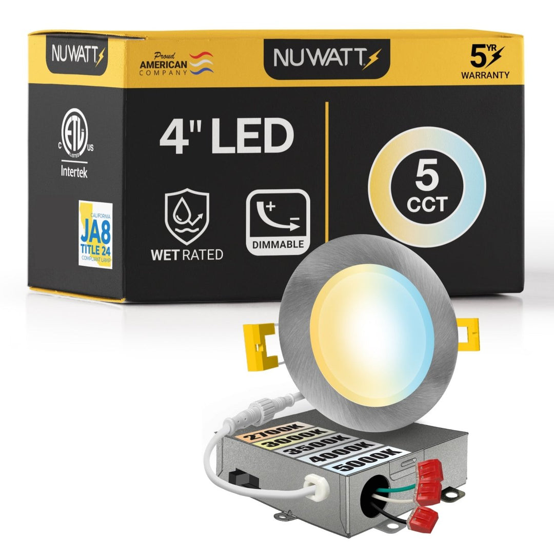 4" Inch Brushed Nickel Canless Recessed Lighting Slim LED Wafer Lights - Wet Rated - 5CCT 2700K-5000K - 630LM