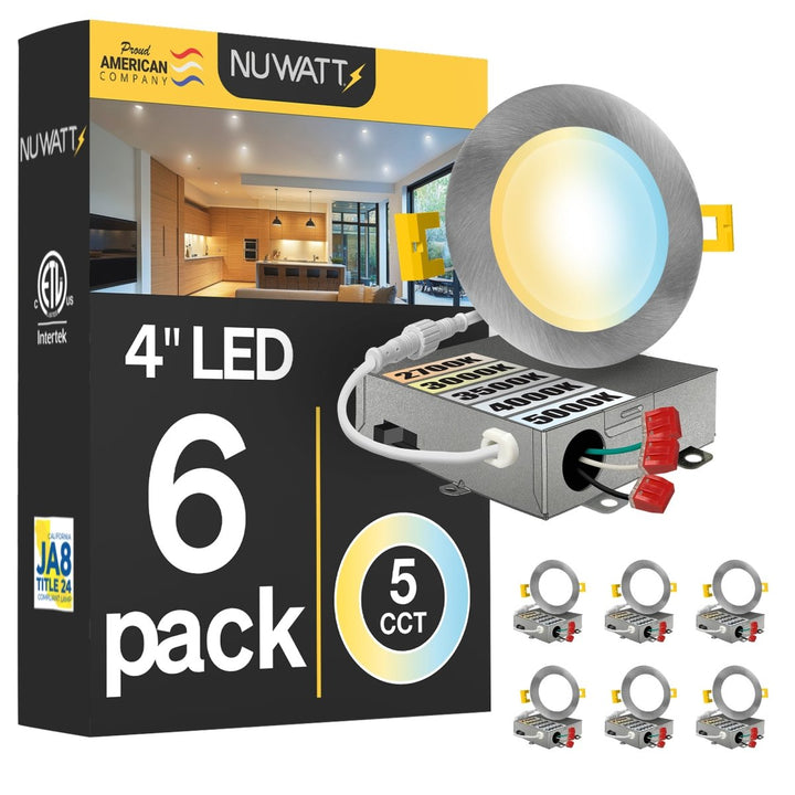 4" Inch Brushed Nickel Canless Recessed Lighting Slim LED Wafer Lights - Wet Rated - 5CCT 2700K-5000K - 630LM