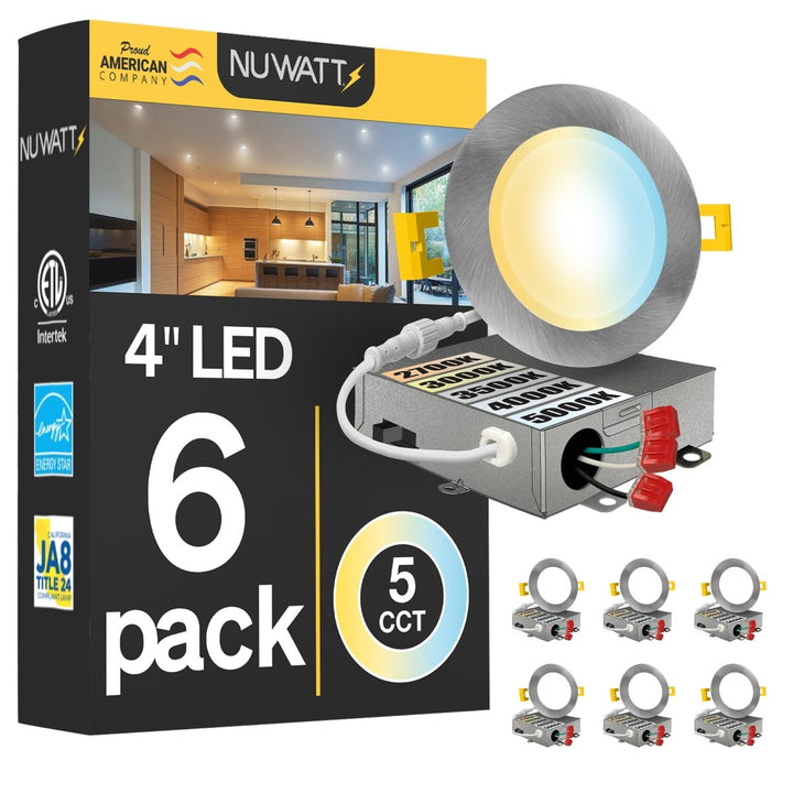 4" Inch Brushed Nickel Canless Recessed Lighting Slim LED Wafer Lights - Wet Rated - 5CCT 2700K-5000K - 630LM